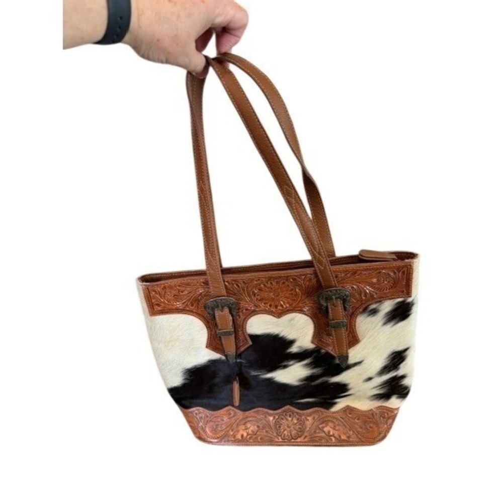 Myra Rio Grande Genuine Tooled Leather Cowhide Hair On Hide Zipper Tote Bag NWT